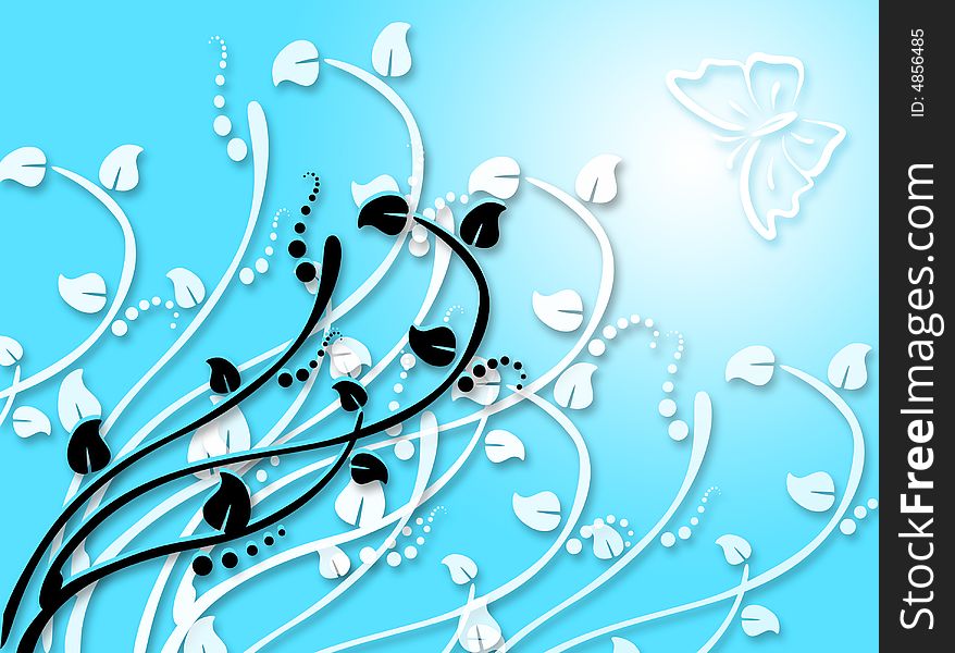 Spring background with plants as decoration and a butterfly