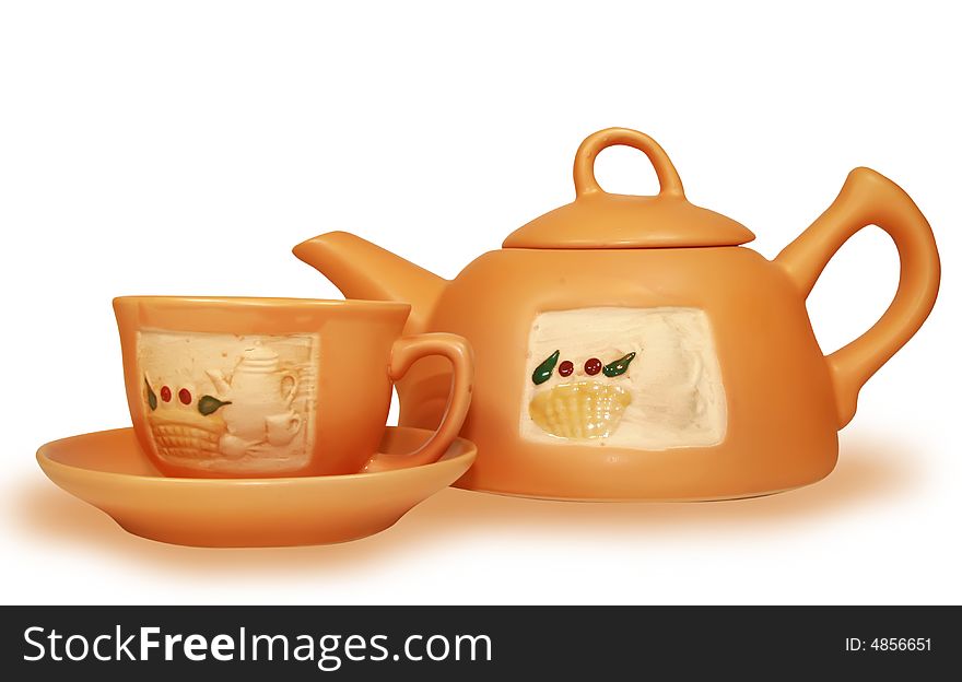 Gift tea service of brown color on a white background