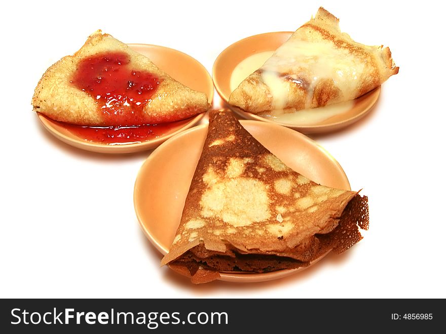 Russian national cookery-fresh appetizing pancakes with a stuffing