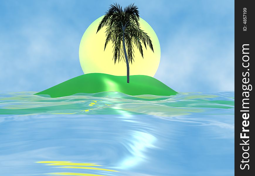 Solar island with a palm tree in the huge dark blue sea