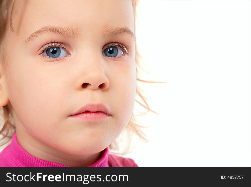 Little girl in pink dress close-up on white