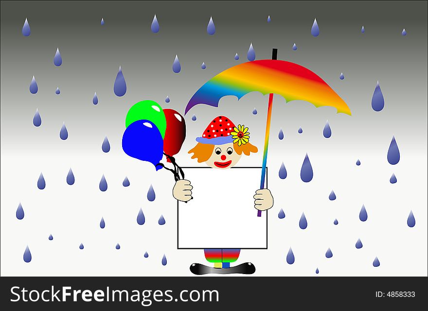 Clown with balloons and a memo board in the rain. Clown with balloons and a memo board in the rain
