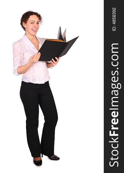 Young woman with black folder on a white