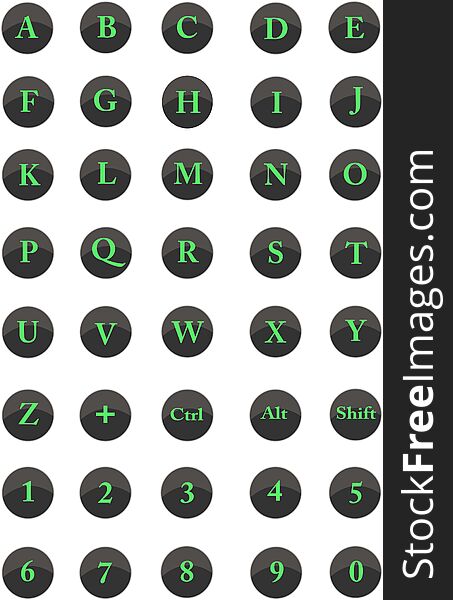 Alphabet letters, natural numbers from 0 to 9 and main keys. Alphabet letters, natural numbers from 0 to 9 and main keys