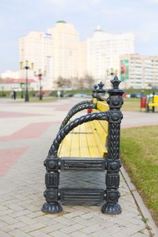 Park Bench With City Skyline Behind Stock Photo Park Bench With City Skyline Behind Stock Photo