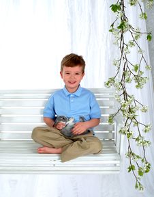 Happy Boy And Bunny On Swing Stock Photos