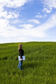 Young Woman With Laptop In Meadow Royalty Free Stock Photos Young Woman With Laptop In Meadow Royalty Free Stock Photos