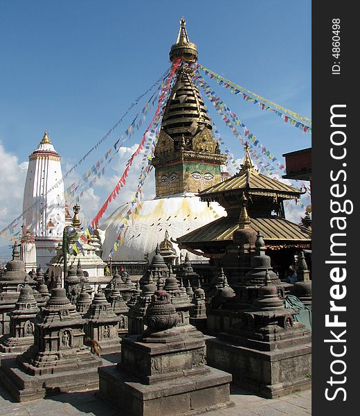 Nepalese stupa -Monkey Tample with colorful prayer flags