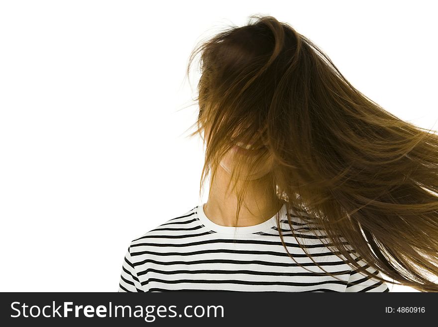 Young woman with hided face under her flyaway hair. Front view. White background. Young woman with hided face under her flyaway hair. Front view. White background.