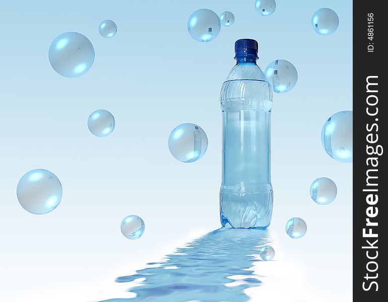 Bottled water over a white-blue background, bubbles