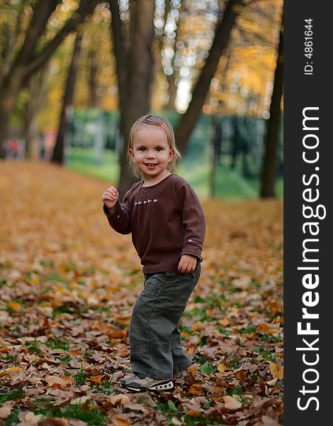 Little beauty girl playing autumn yard withh yellow leafs. Little beauty girl playing autumn yard withh yellow leafs