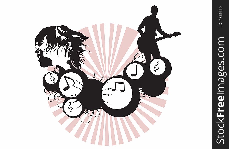 Illustration of a guitarist and decorative patterns. Illustration of a guitarist and decorative patterns