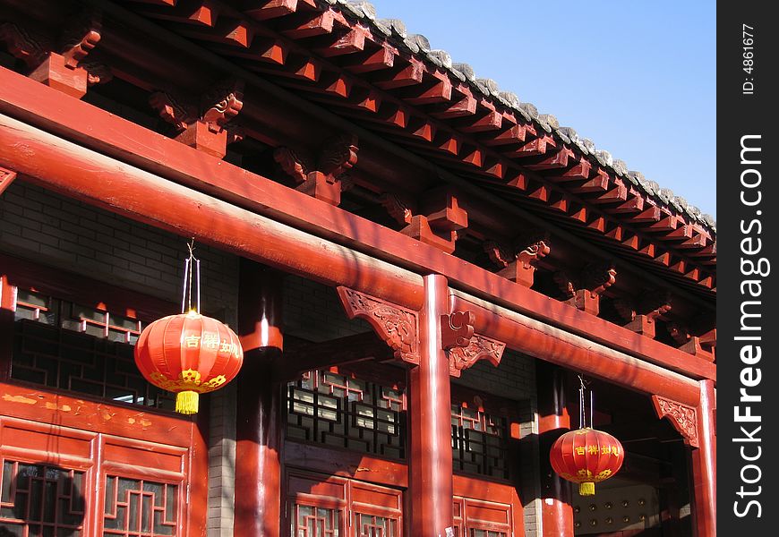 House and lanterns, Architecture is China traditional style, red, under the sun, Yulin, shannxi, china