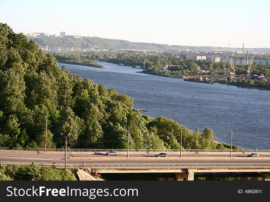 This is a landscape of the city Nizhniy Novgorod. River calls Oka and bridge has name Malitovskiy. This is a landscape of the city Nizhniy Novgorod. River calls Oka and bridge has name Malitovskiy.