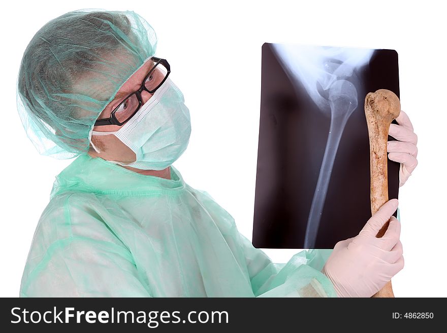 Details surgeon with xray and bone on white background