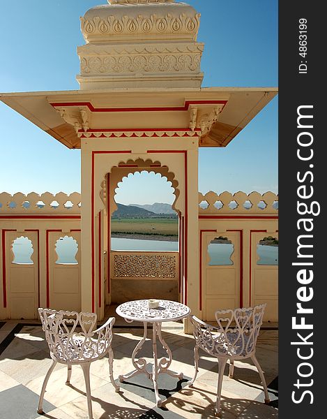 Nice terrace in palace in front of lake in Udaipur, India. Nice terrace in palace in front of lake in Udaipur, India