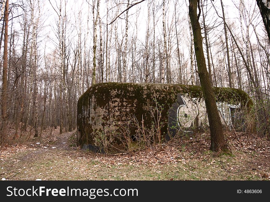 A photo of bunker in the forest.