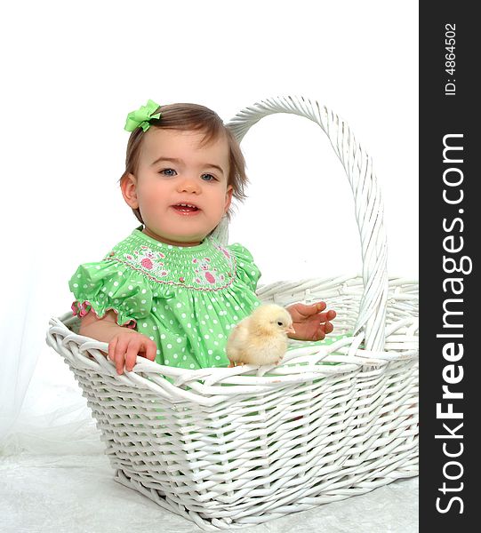 Baby girl in wicker basket looking at camera with chick perched on basket in front of white background. Baby girl in wicker basket looking at camera with chick perched on basket in front of white background