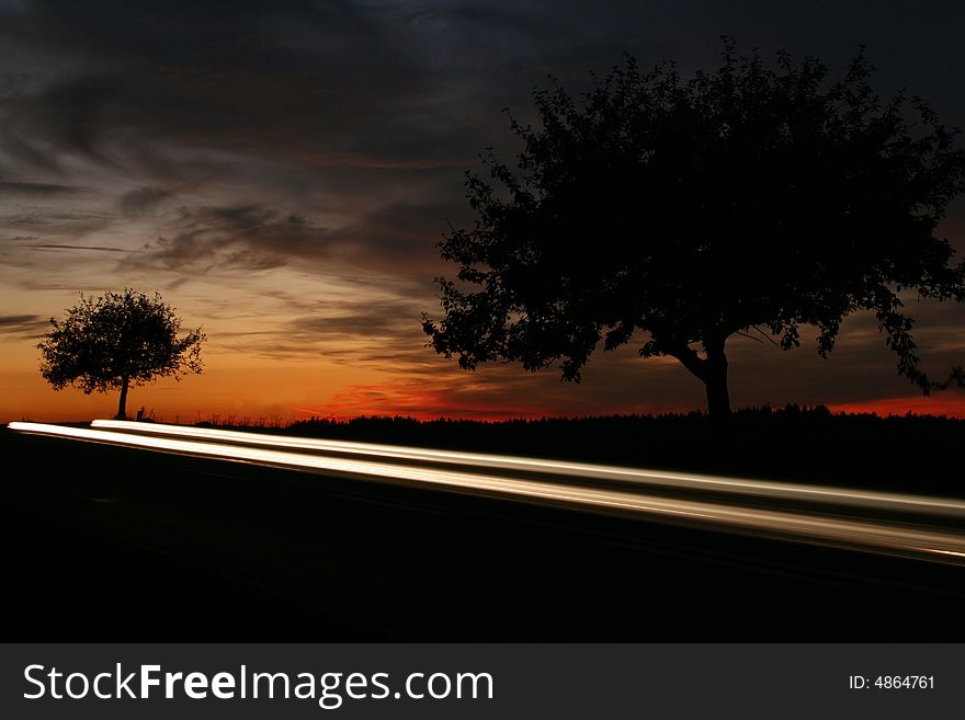 Lights of a car, sunset, trees. Lights of a car, sunset, trees