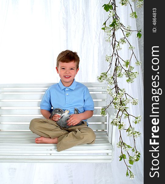 Boy in blue sitting with bunny on swing in front of white background. Boy in blue sitting with bunny on swing in front of white background