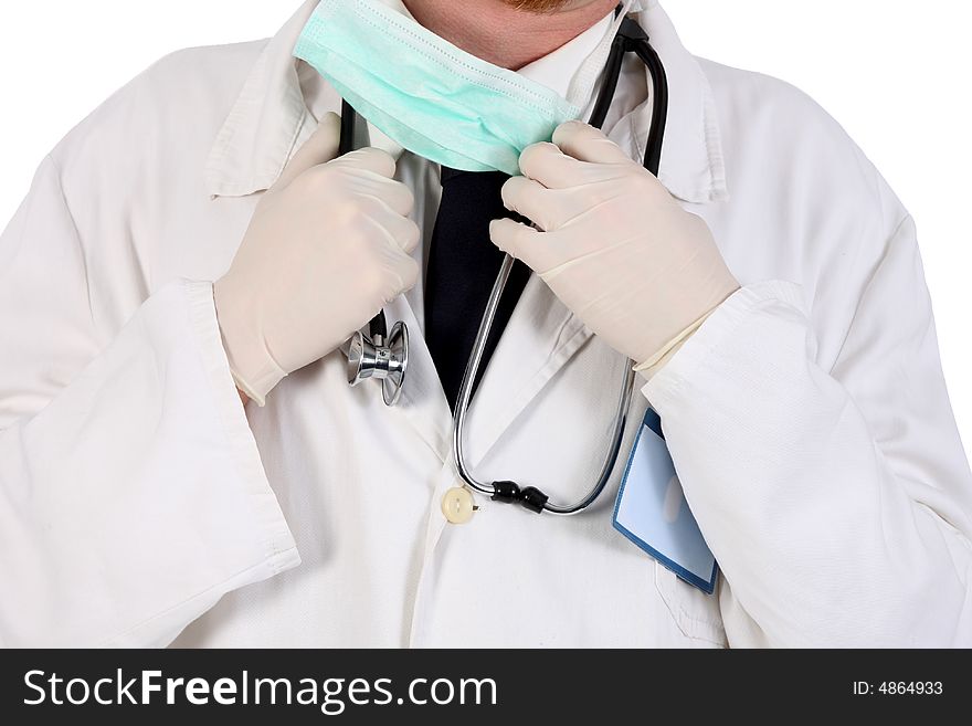 Doctor with stethoscope and permit on white background