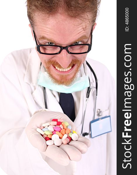 Doctor with tablets on white background