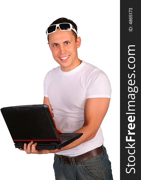 Man with notebook on white