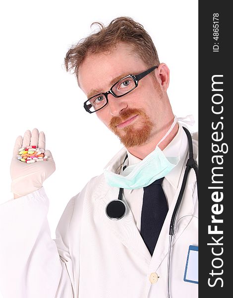 Doctor with tablets on white background