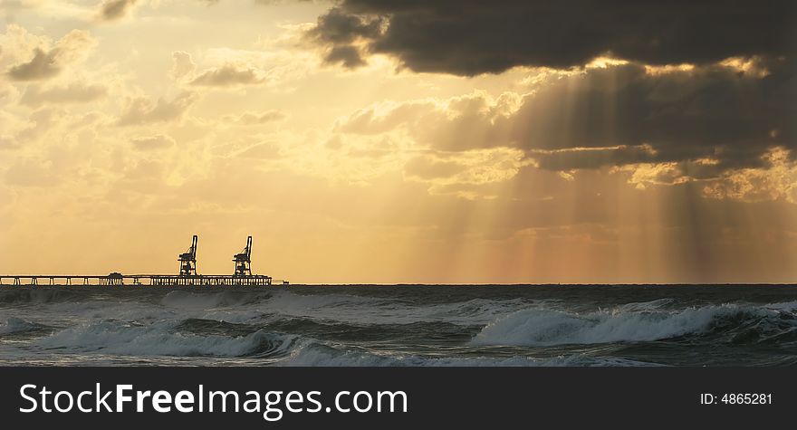 Panoramic picture of sunset over harbor on Mediterranean sea. Panoramic picture of sunset over harbor on Mediterranean sea.