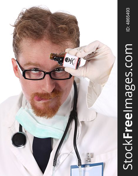 Doctor with poison bottle on white background