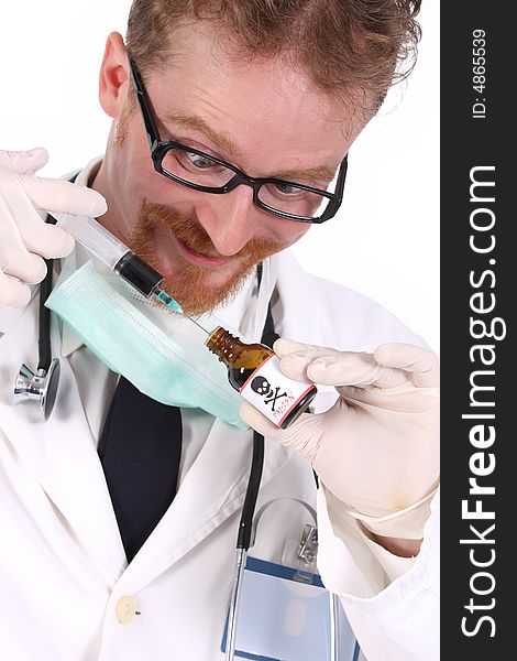 Doctor with poison bottle and injection on white background