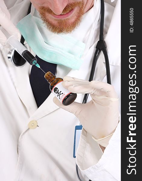 Doctor with poison bottle and injection on white background