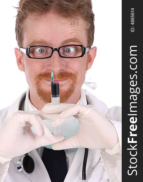Doctor with injection on white background