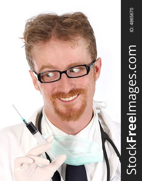 Doctor with injection on white background