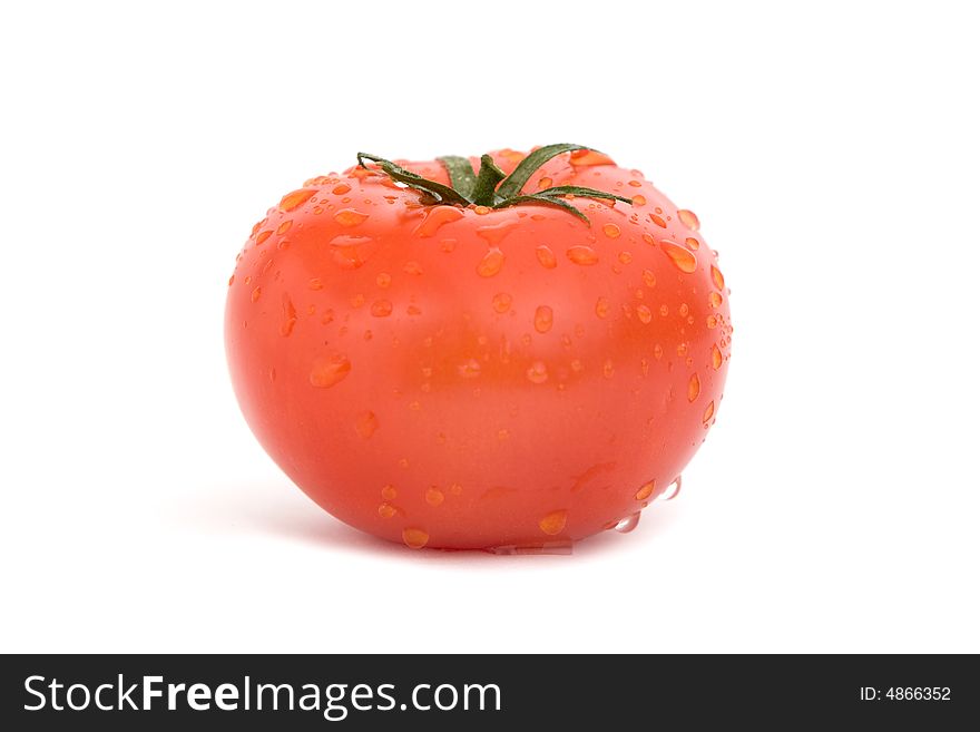 Single wet tomato on white background