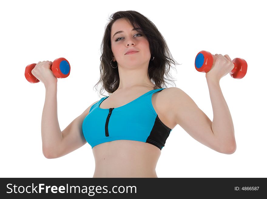 Girl practicing fitness  on  white  background