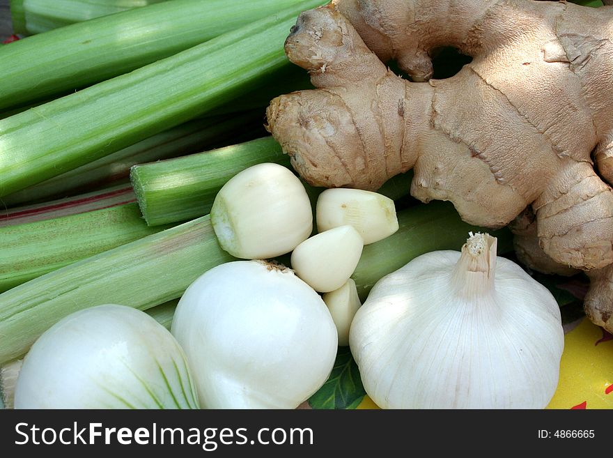 Rhubarb onion ginger and garlic for chatni