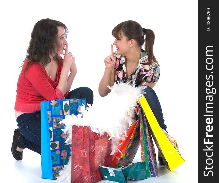 Expressive girls on white background shopping. Expressive girls on white background shopping