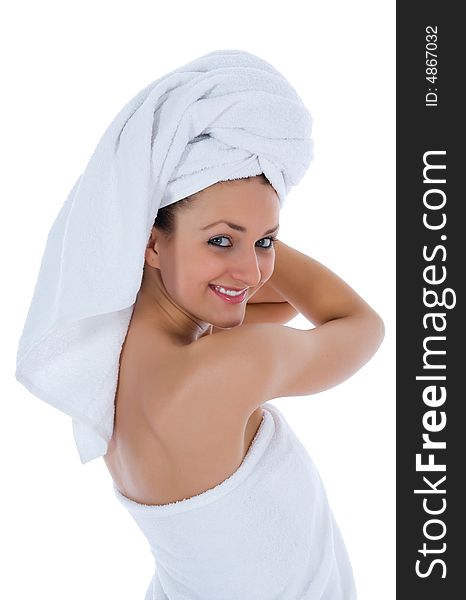 Beautiful girl with towel on white