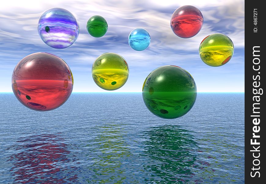 Multicolor rising balls from sea surface - 3d illustration.