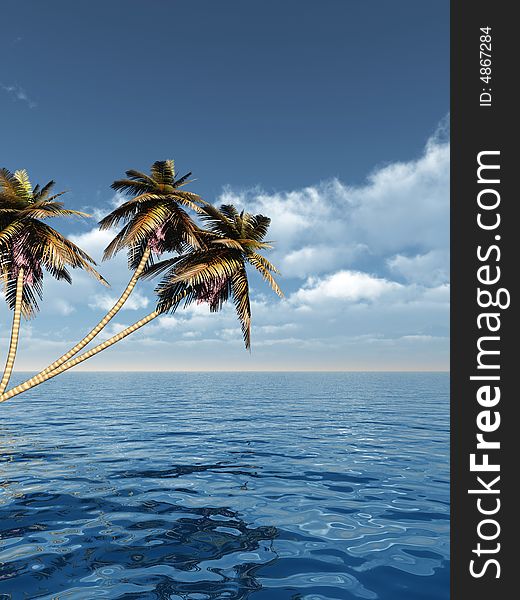 Coconut palm trees on a small island - digital artwork. Coconut palm trees on a small island - digital artwork