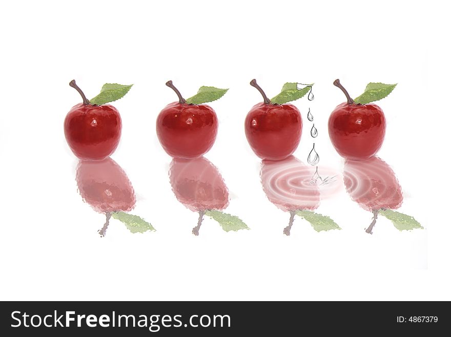 Four red apples on a white background with rain drops. Four red apples on a white background with rain drops