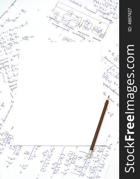 Sheet of clear paper and pencil on background of formulas and graphics. Sheet of clear paper and pencil on background of formulas and graphics