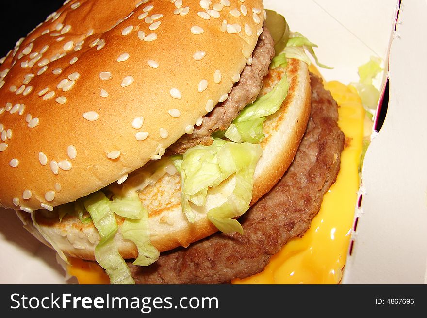 Burger with cheese and salad in a close up