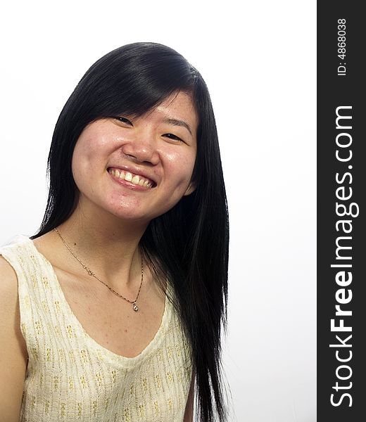 Asian girl show black hair with white background