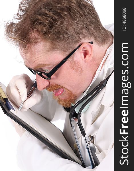 Doctor holding a folder of information on white background