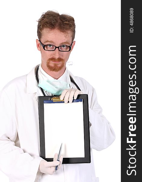 Doctor holding a folder of information on white background