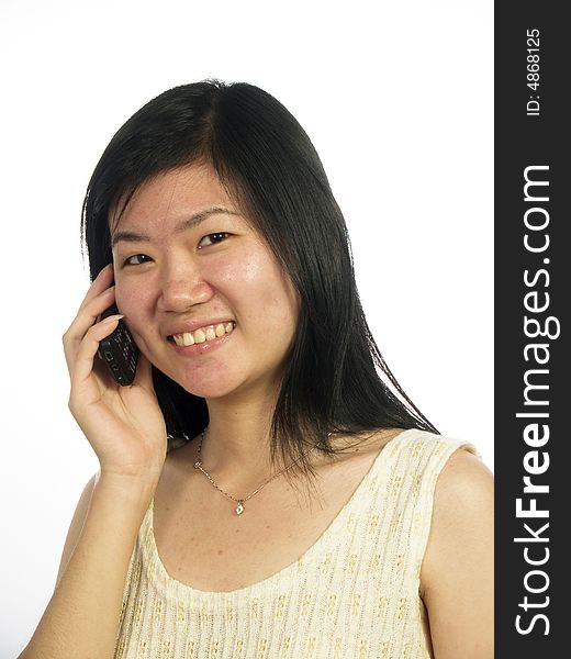 Asian girl use phone with white background