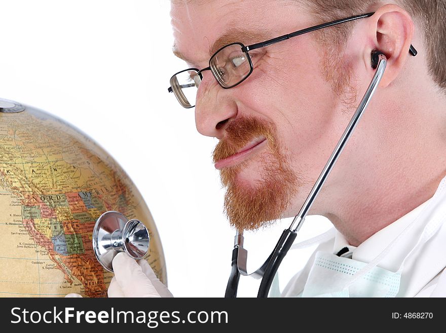 Details funny doctor examine a globe with stethoscope