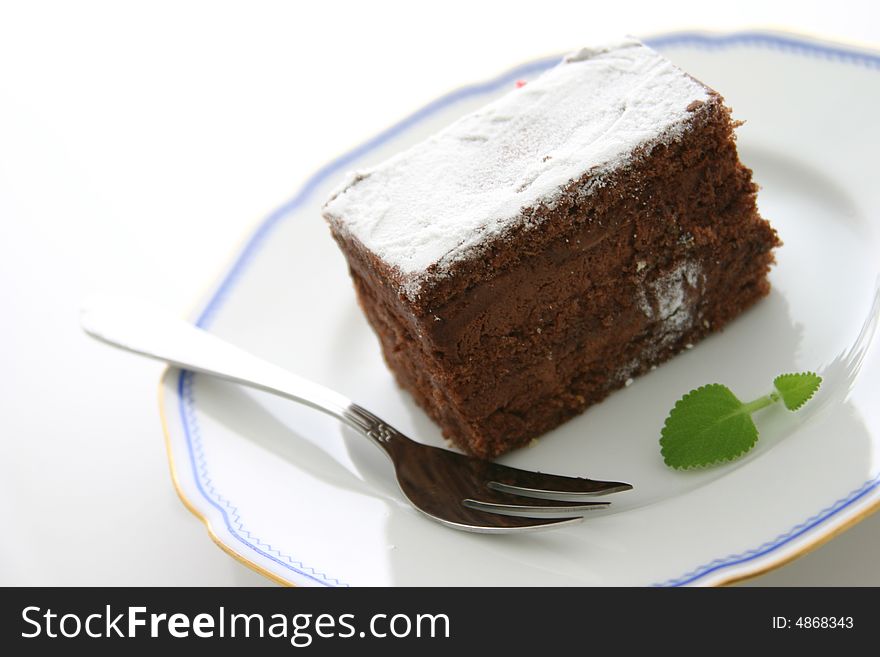 Chocolate cake on white background